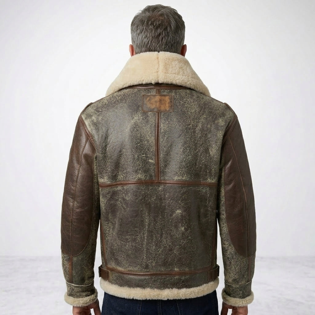 Men’s B-3 Leather Bomber Jacket – 100 Missions Aviation Shearling Flight Coat