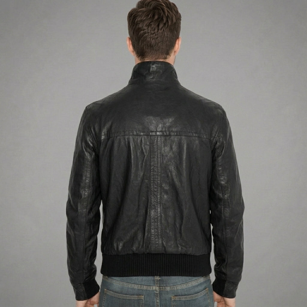 Men’s Black Leather Bomber Jacket – Simple Slim Fit Classic Casual Coat
