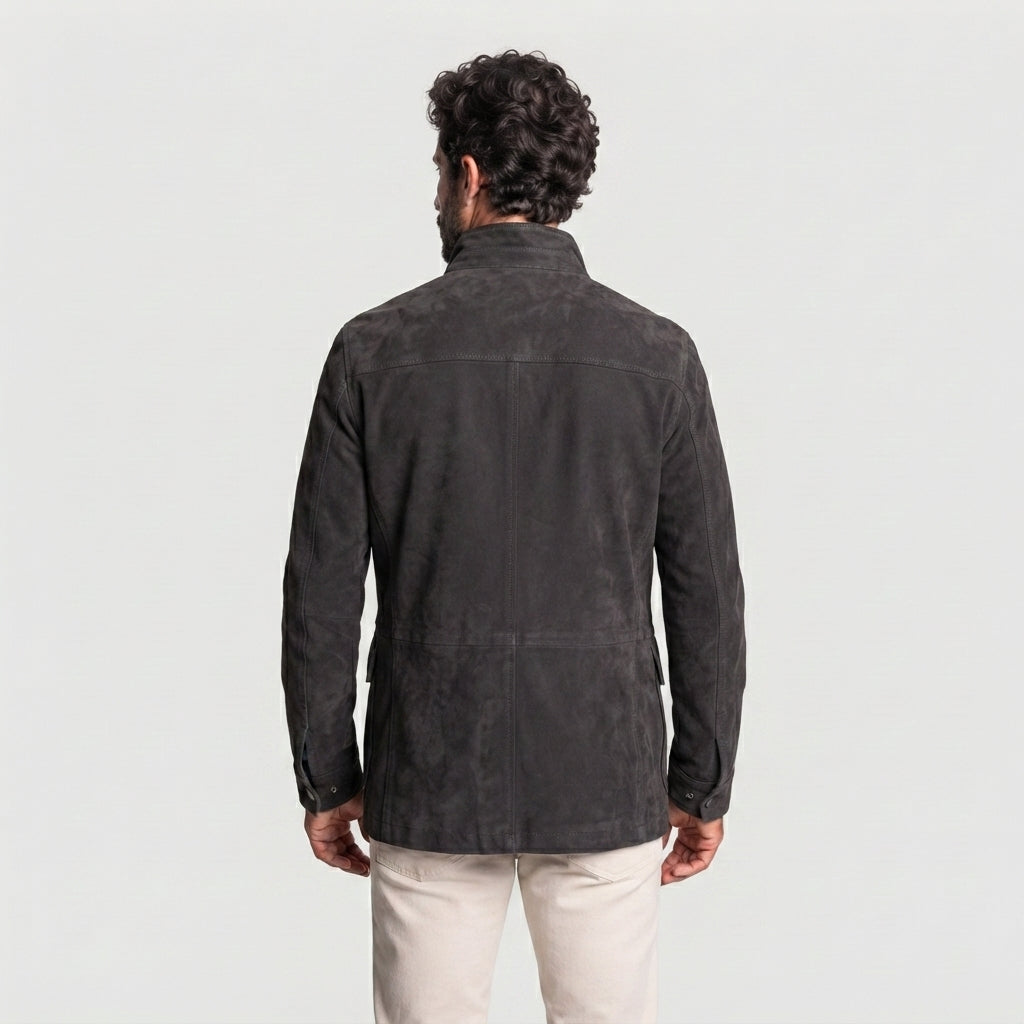 Dark charcoal or graphite-colored suede field jacket