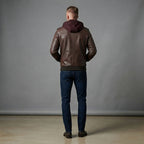 Men's Dark Brown Leather Bomber Jacket With Hood