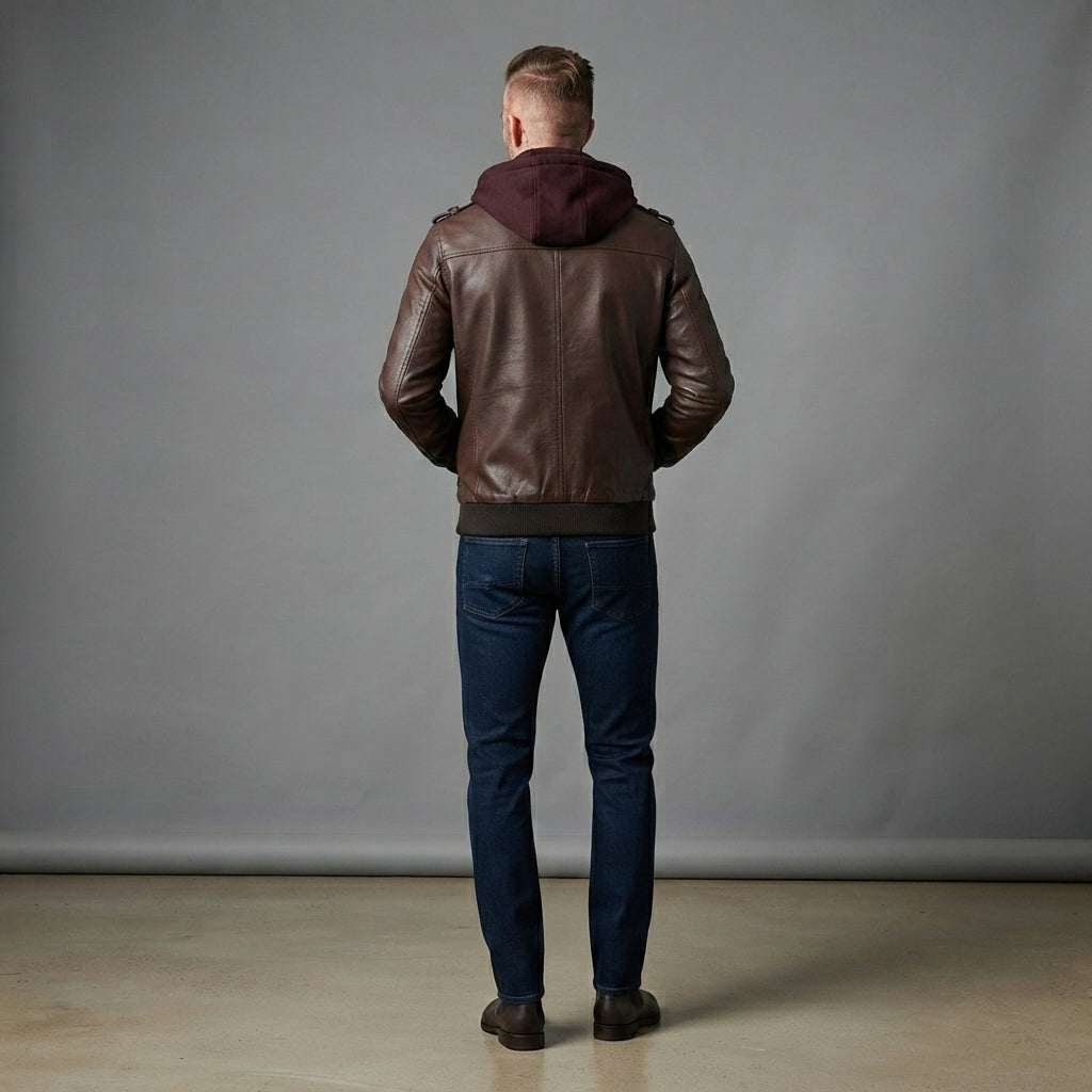 Men's Dark Brown Leather Bomber Jacket With Hood