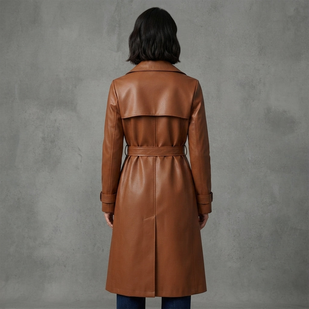 Women's  Faux Brown Leather Trench Coat