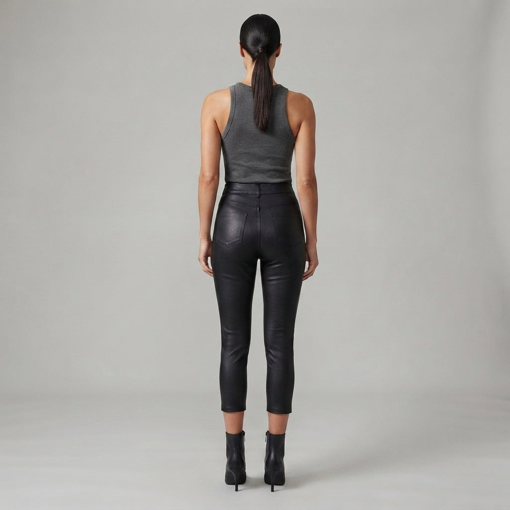 Women's Black  Leather Capri