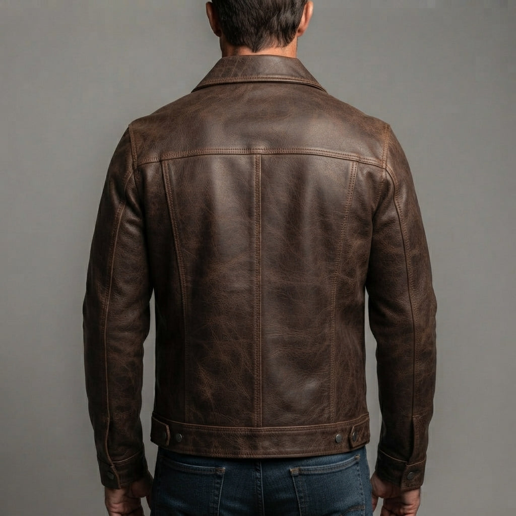 Men's Brown Washed Off Trucker Leather Jacket