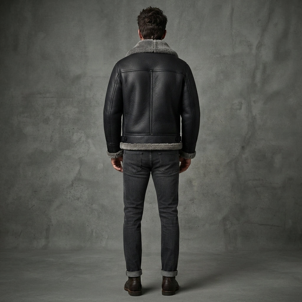 Men's Black Leather  Jacket with grey fur