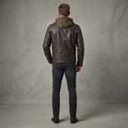 Men's Grey Brown Leather Hooded Jacket