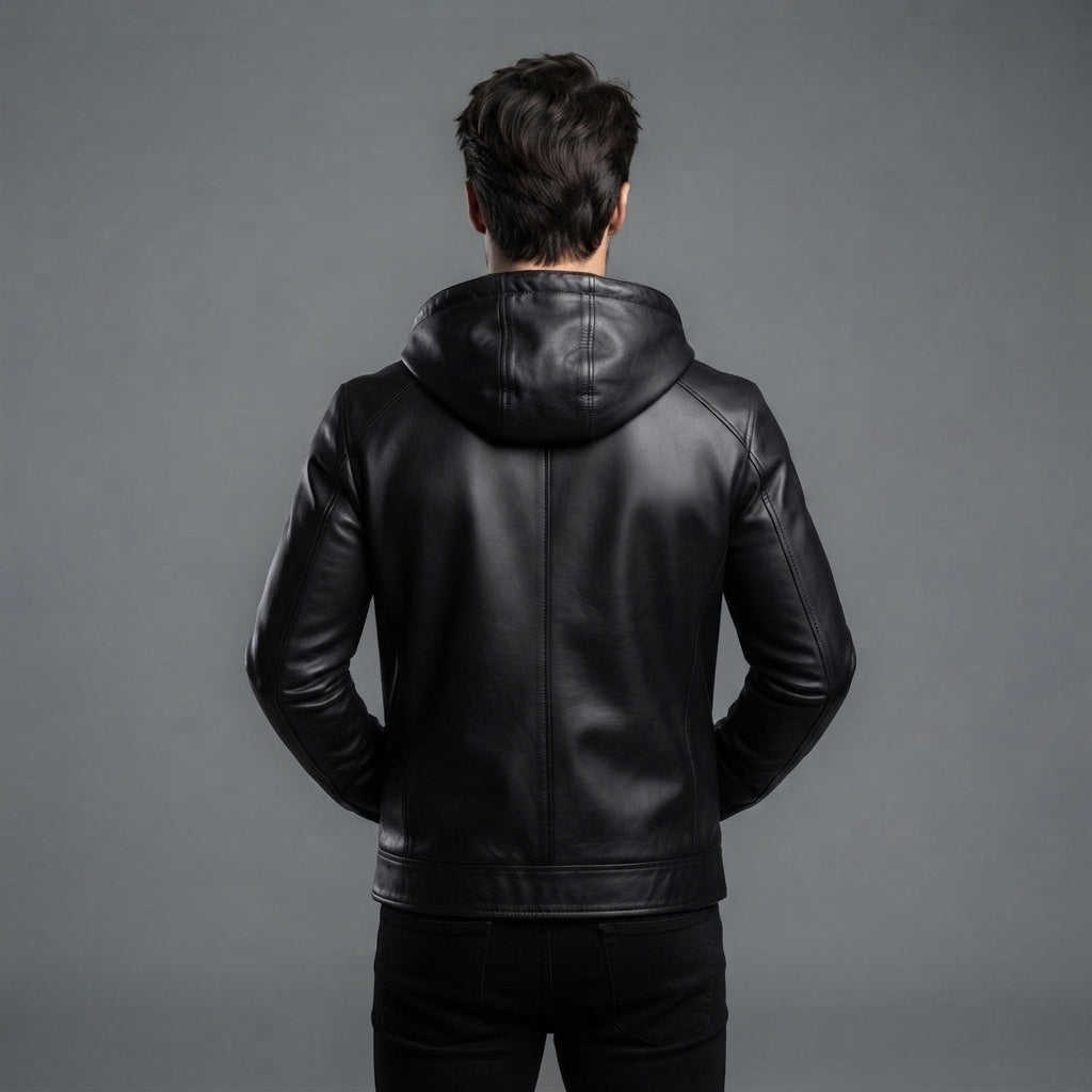Men's Brown Leather Hooded Jacket