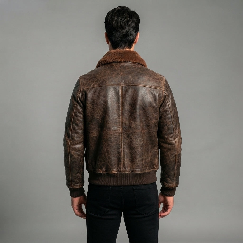 Men's Military Brown Leather Bomber Jacket