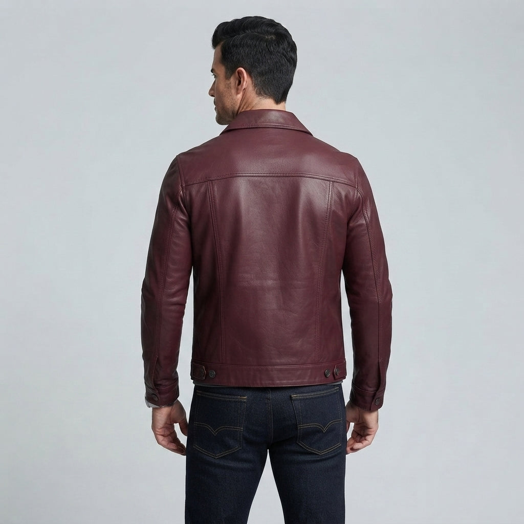 Men's Burgundy Trucker Leather Jacket - Leather Outlet