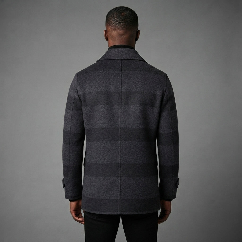 Men's Grey Black Leather Peacoat