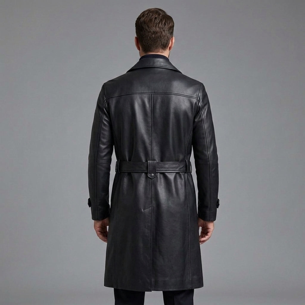 Men's Black Leather Trench Coat
