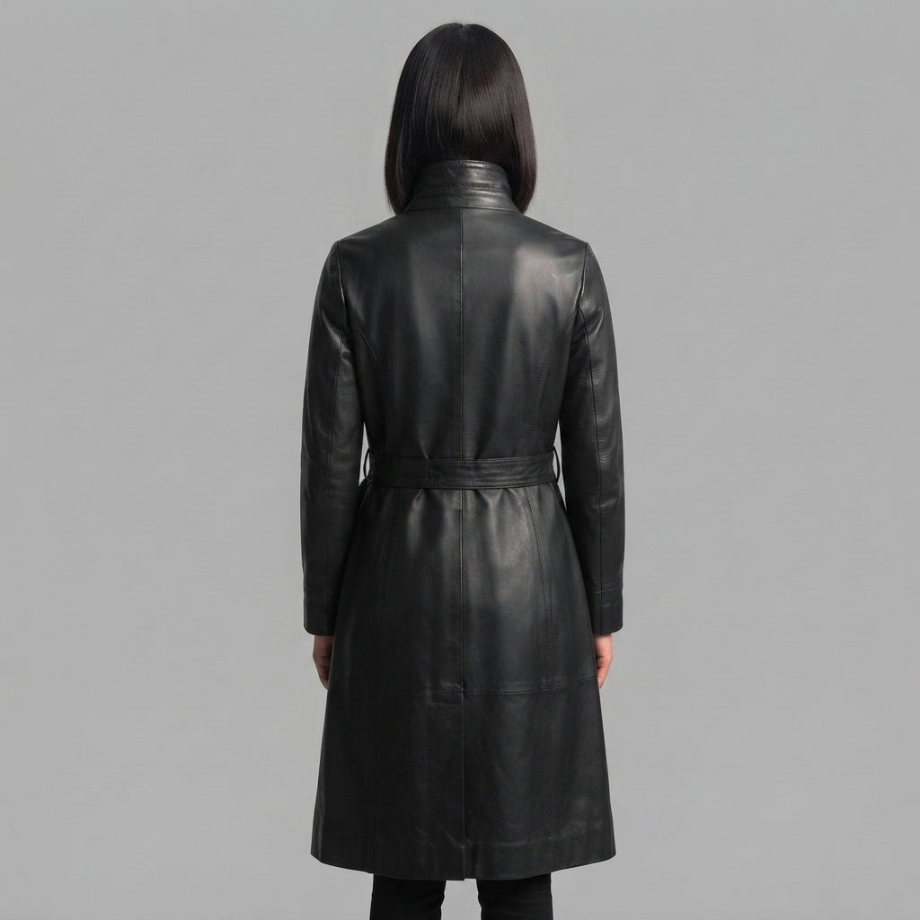 Women's  Faux Black Leather Trench Coat