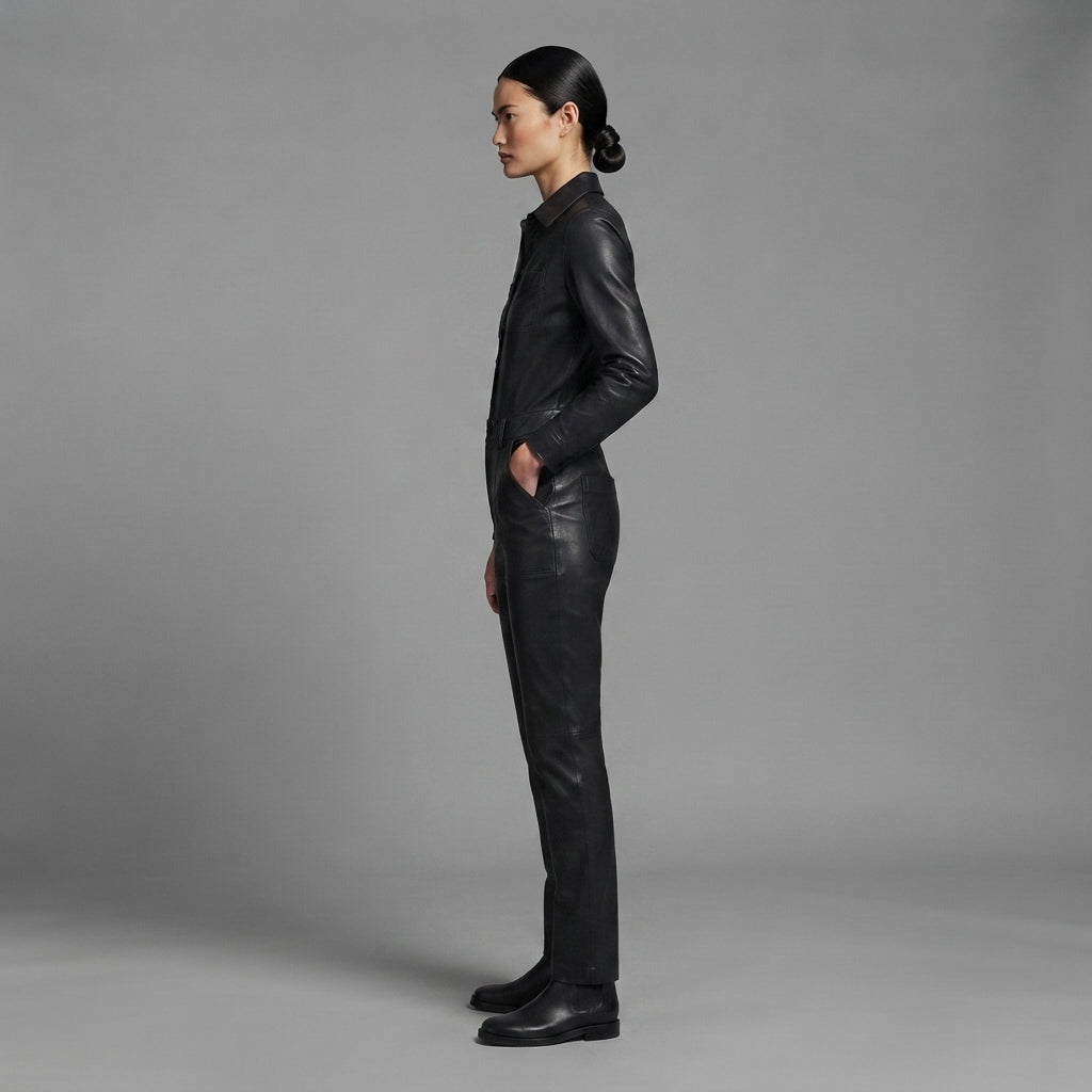 Women's Pure  Black Leather Jumpsuit