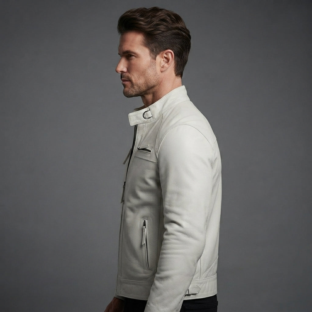 Men's Classic White Leather Cafe Racer Jacket