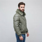 Mens Leather Down Puffer Jacket in Bomber Style