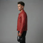Men's Red Trucker Leather Jacket - Leather Outlet