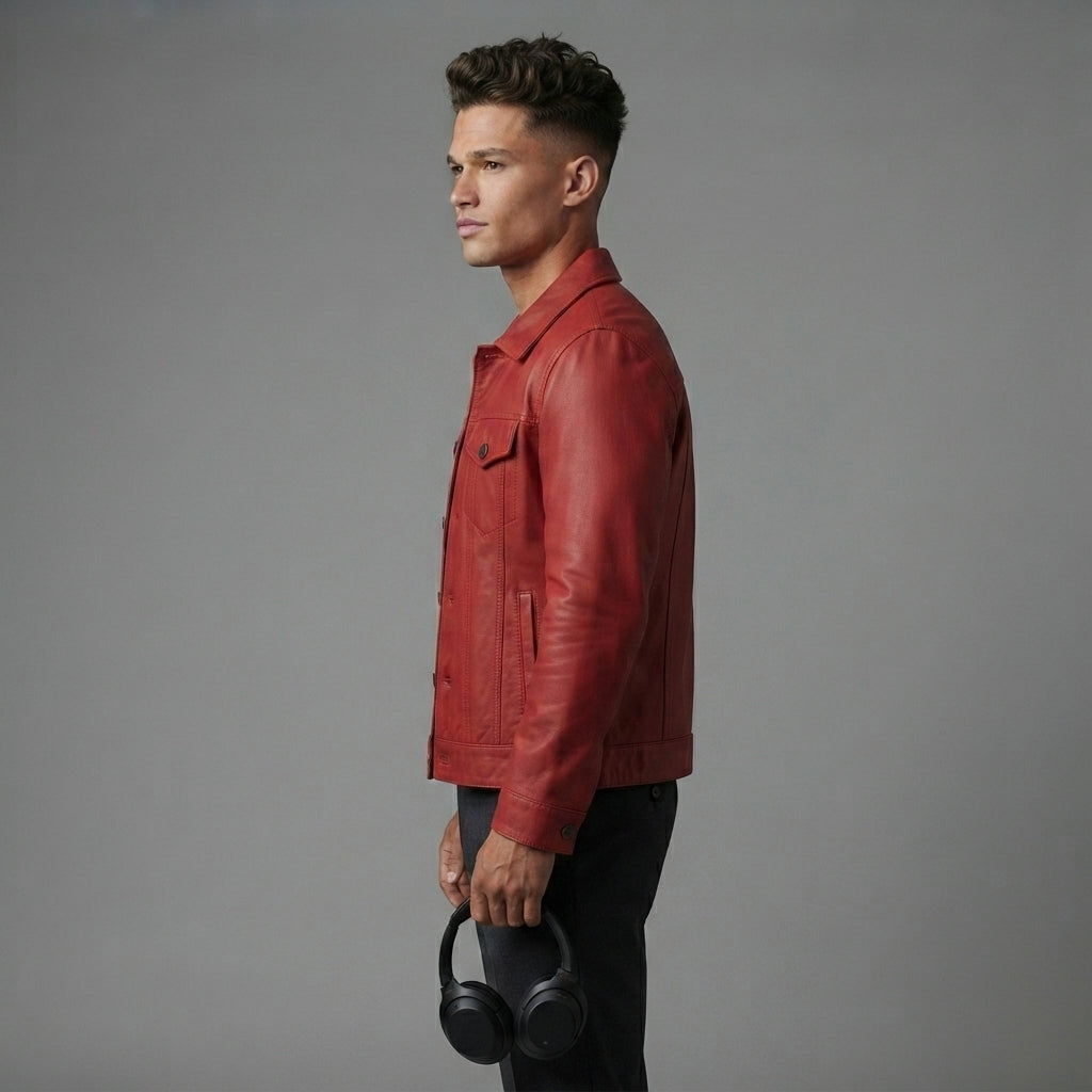 Men's Red Trucker Leather Jacket - Leather Outlet