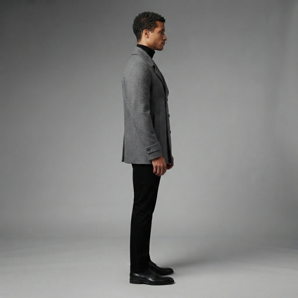 Men's Grey Leather Peacoat