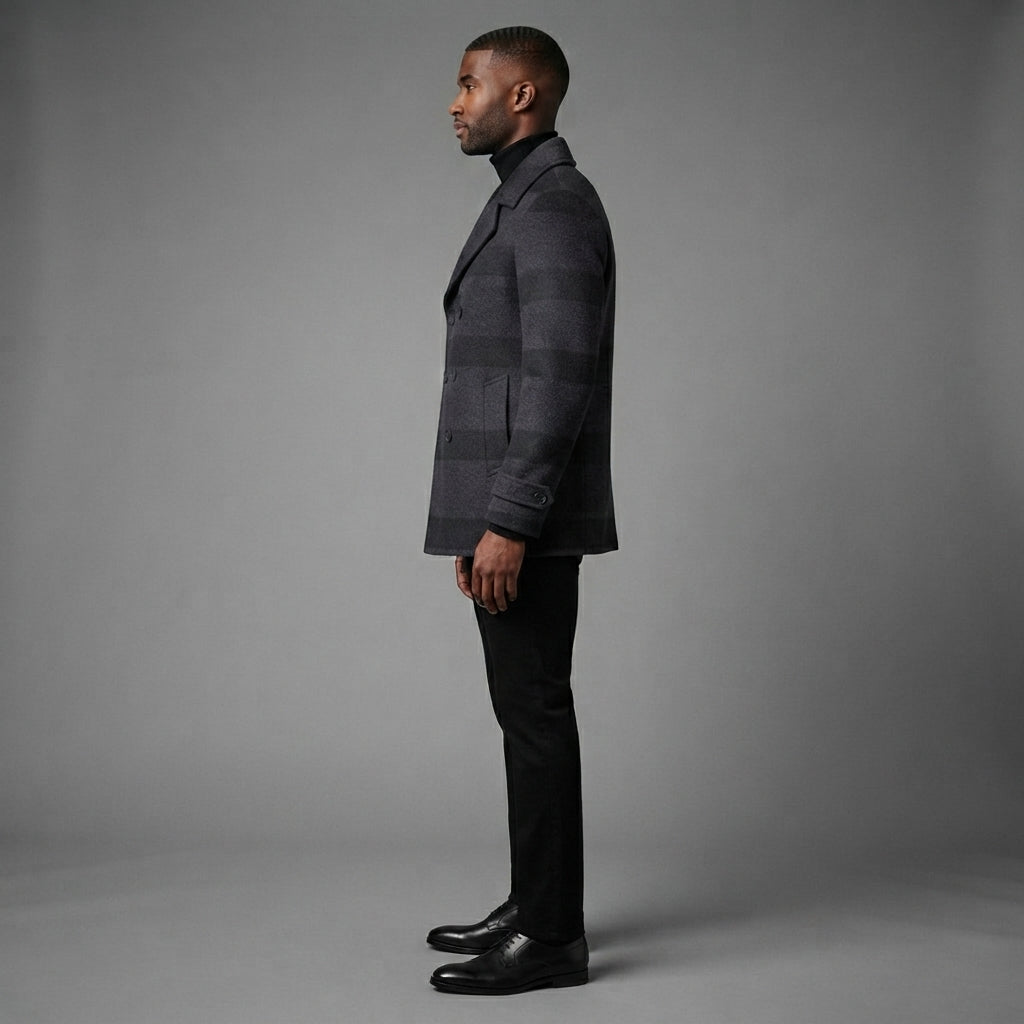 Men's Grey Black Leather Peacoat