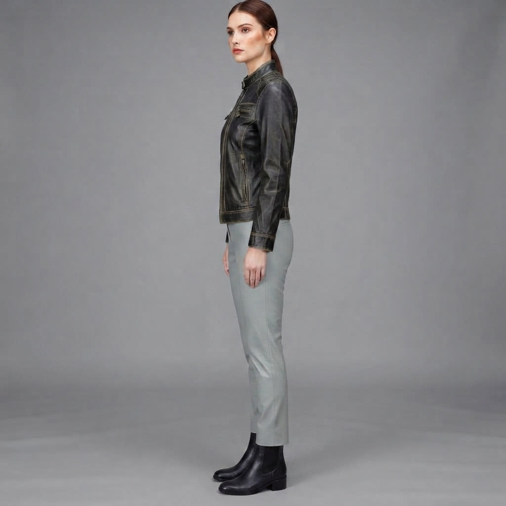 Buy Women's Black Rub-off Cafe Racer Leather Jacket