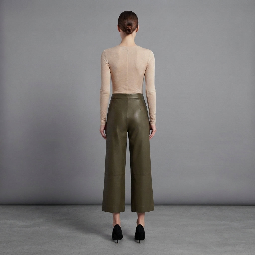 Women's Olive  Leather Capri
