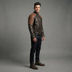 Men's Brown Black Cafe Racer Leather Jacket