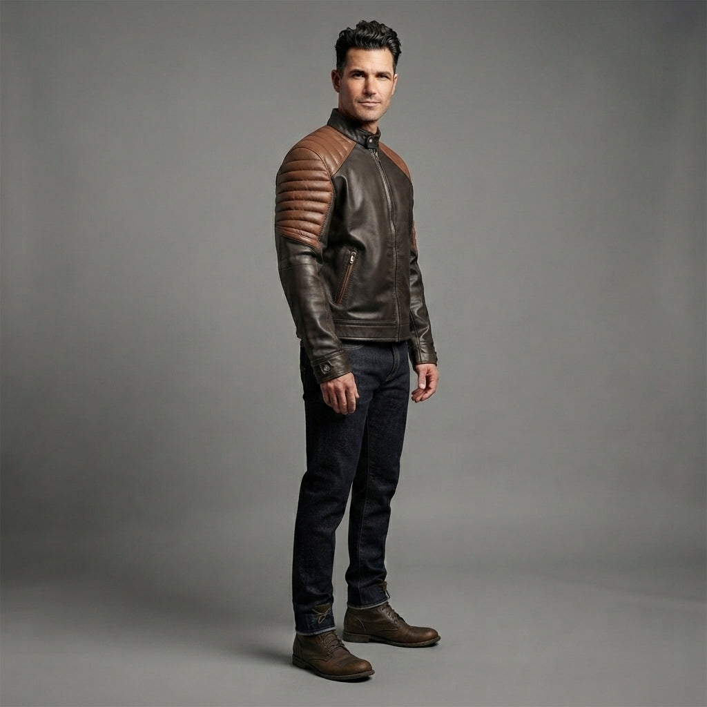Men's Brown Black Cafe Racer Leather Jacket
