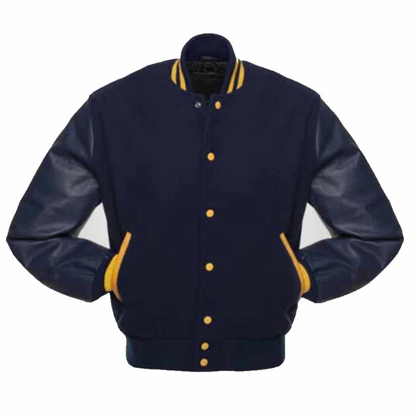 Marineblaue und gelbe Jacke im Baseball-Stil