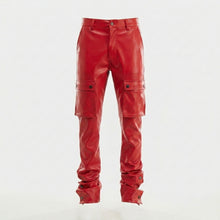 Laden Sie das Bild in den Galerie-Viewer, Buy Red Leather Cargo Pants for Men _ Jackets Kingdom
