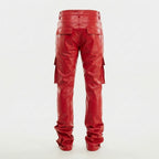 Men's Red Leather Cargo Pants – Slim Fit Biker Utility Trousers