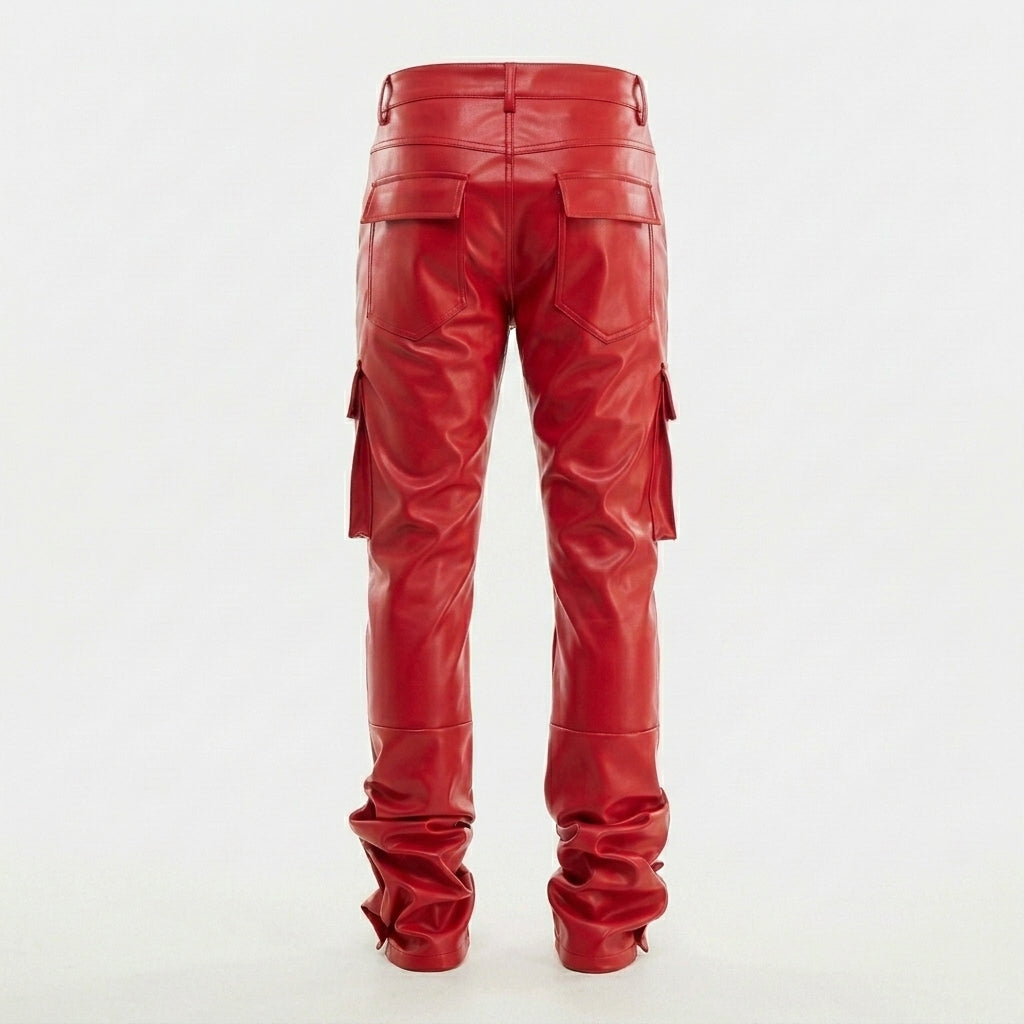 Men's Red Leather Cargo Pants – Slim Fit Biker Utility Trousers