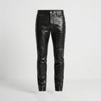 Men’s Black Crocodile Embossed Genuine Leather Biker Pants – Slim Fit Moto Trousers