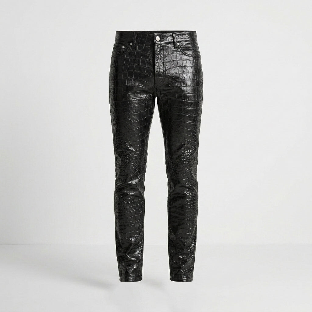 Men’s Black Crocodile Embossed Genuine Leather Biker Pants – Slim Fit Moto Trousers