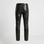 Men’s Black Crocodile Embossed Genuine Leather Biker Pants – Slim Fit Moto Trousers