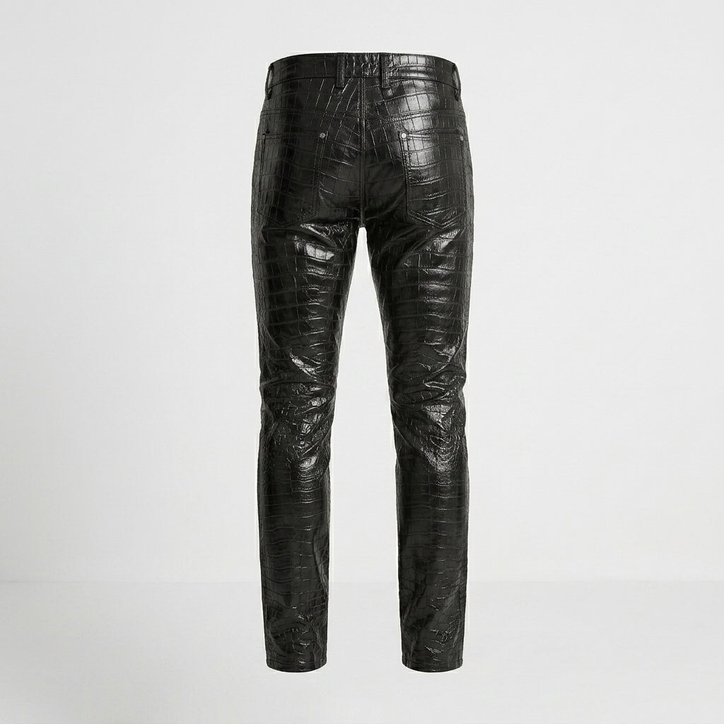 Men’s Black Crocodile Embossed Genuine Leather Biker Pants – Slim Fit Moto Trousers