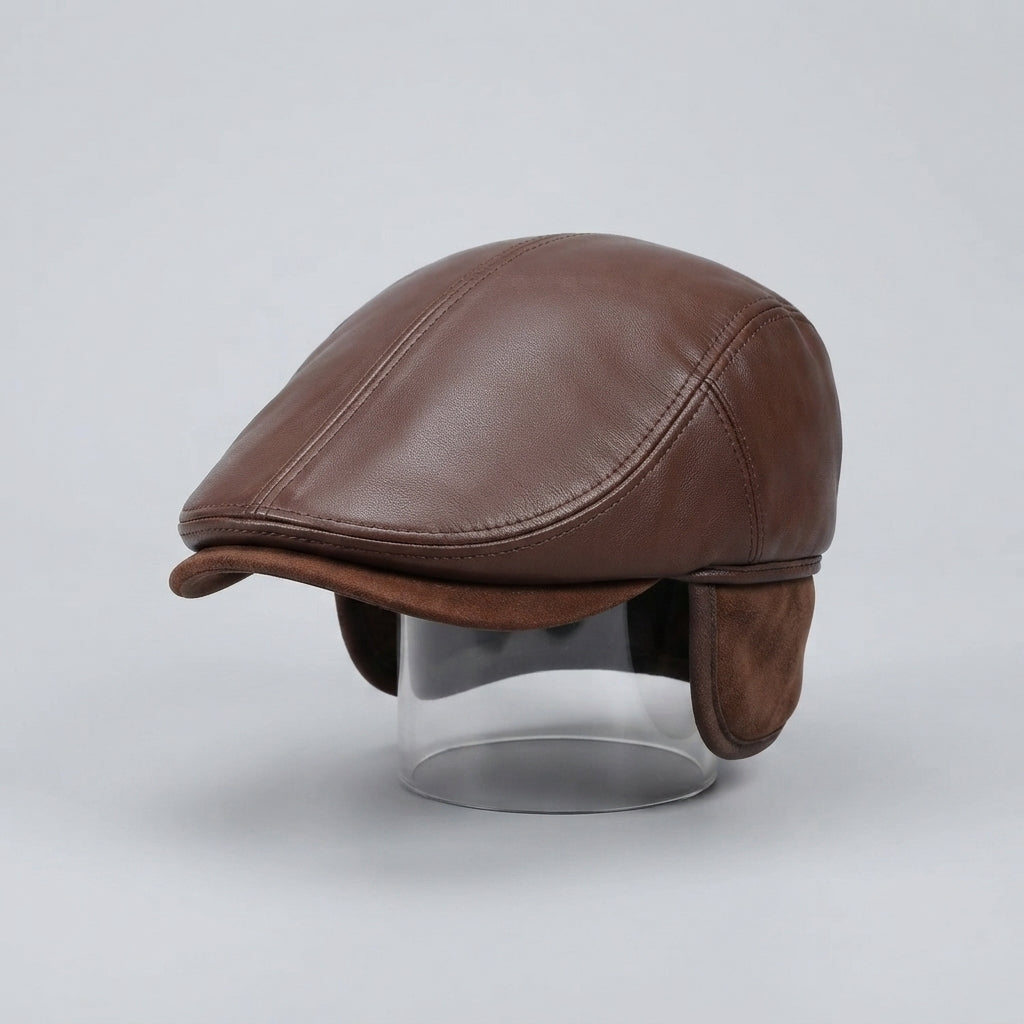 Men's Brown Genuine Leather Winter Beret Hat