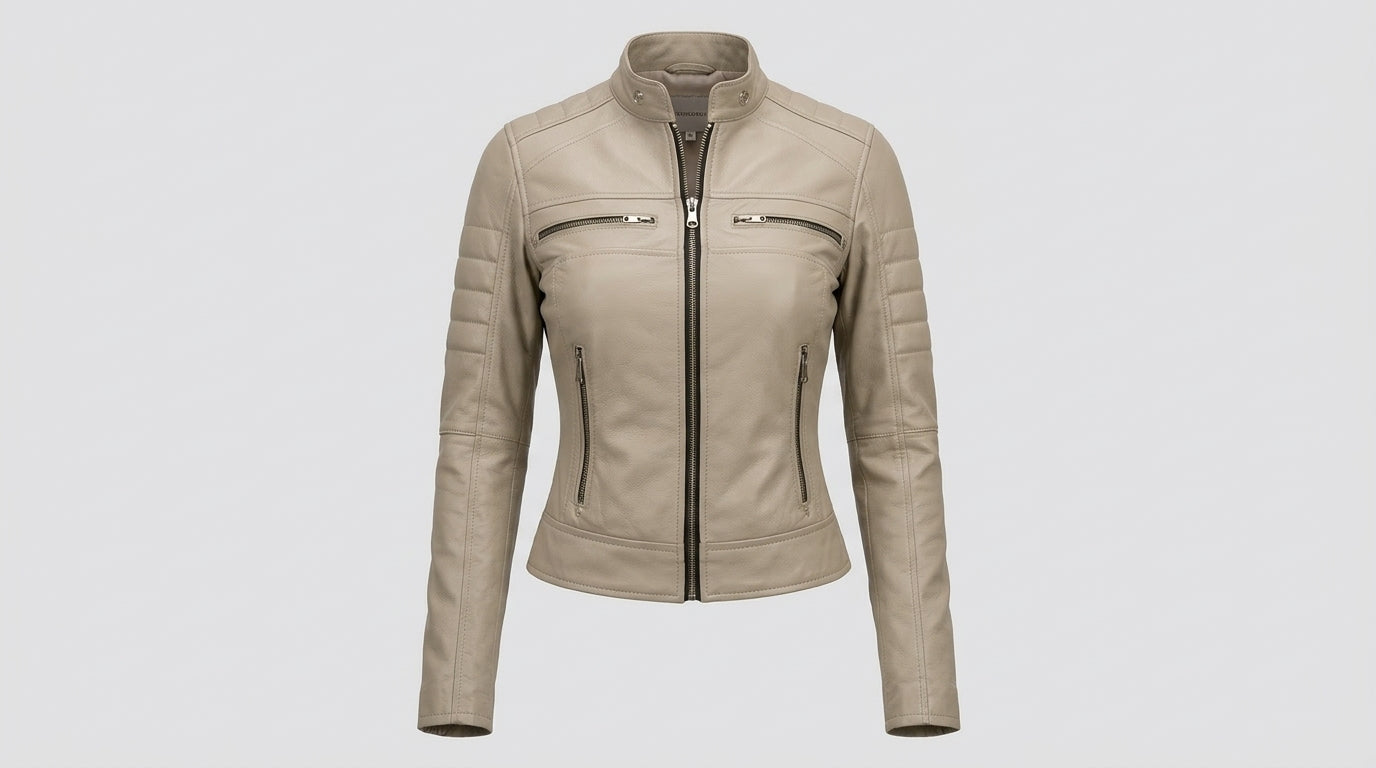 Decrum Beige Cafe Racer Leather Jacket – Slim Fit Biker