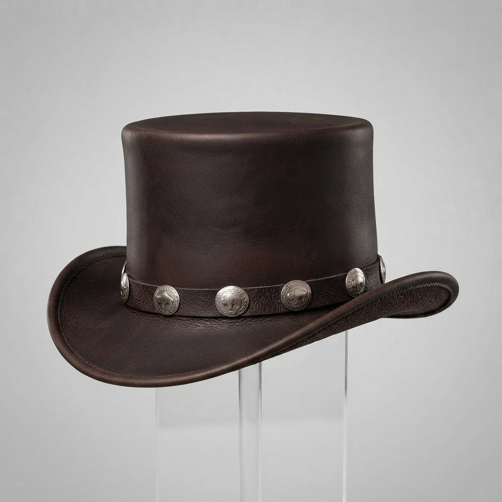 Men's Classic Leather Top Hat with Buffalo Nickel Band - Leather Outlet
