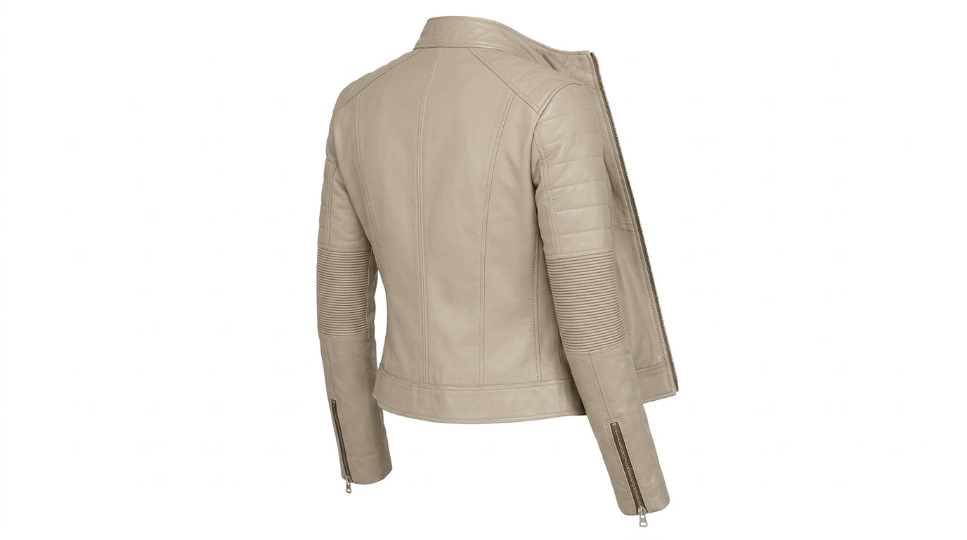 Decrum Beige Cafe Racer Leather Jacket – Slim Fit Biker