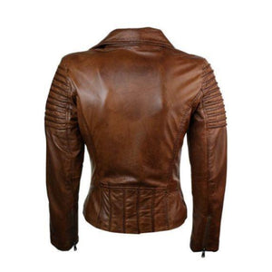 Real Slim Fit Waxed Brown Women Leather Biker Jacket