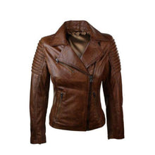 Load image into Gallery viewer, Real Slim Fit Waxed Brown Women Leather Biker Jacket
