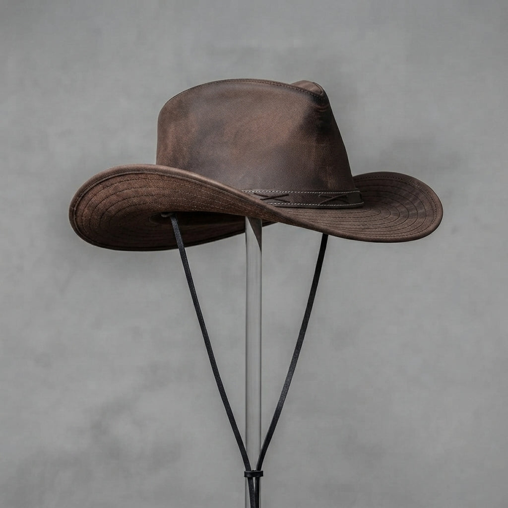 Men's Distressed Brown Leather Outback Hat - Leather Outlet