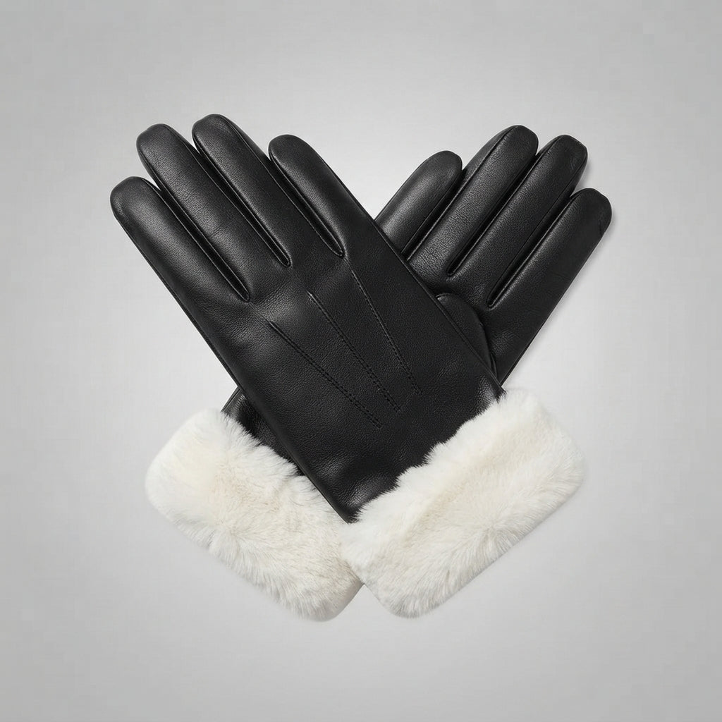 Men's Black Lambskin Leather Gloves with White Furr