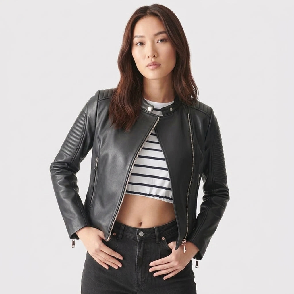 Women's black snap collar leather motorcycle jacket with quilted shoulders