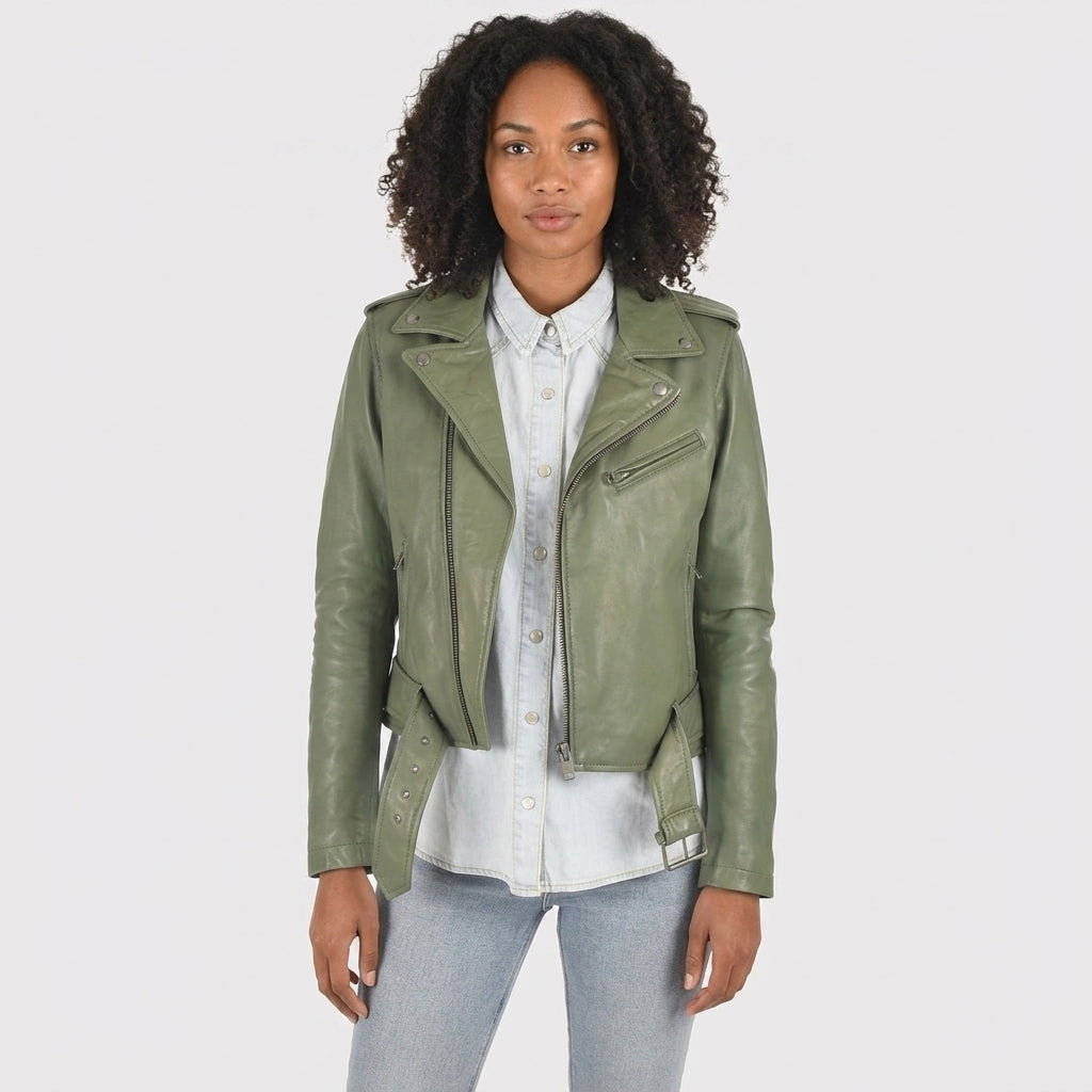 Women's sage green belted leather motorcycle jacket worn open with snap lapels