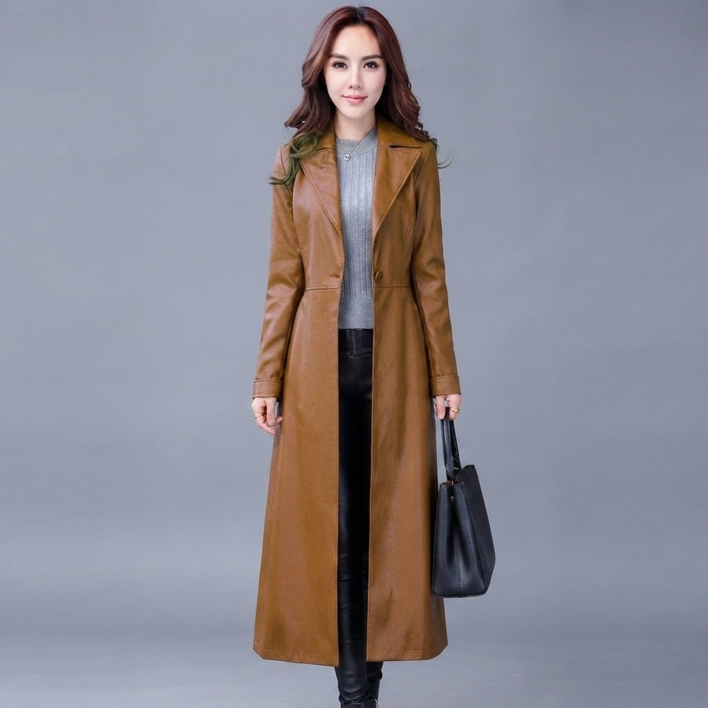 Women's  Faux camel  Leather Trench Coat