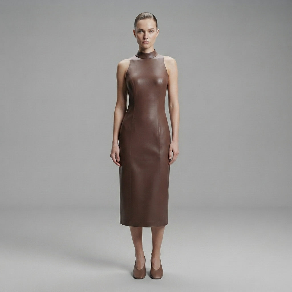Buy Women's Brown  Sleeveless Leather Dress