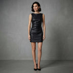 Buy Women's Black Short Sleeveless Leather Dress