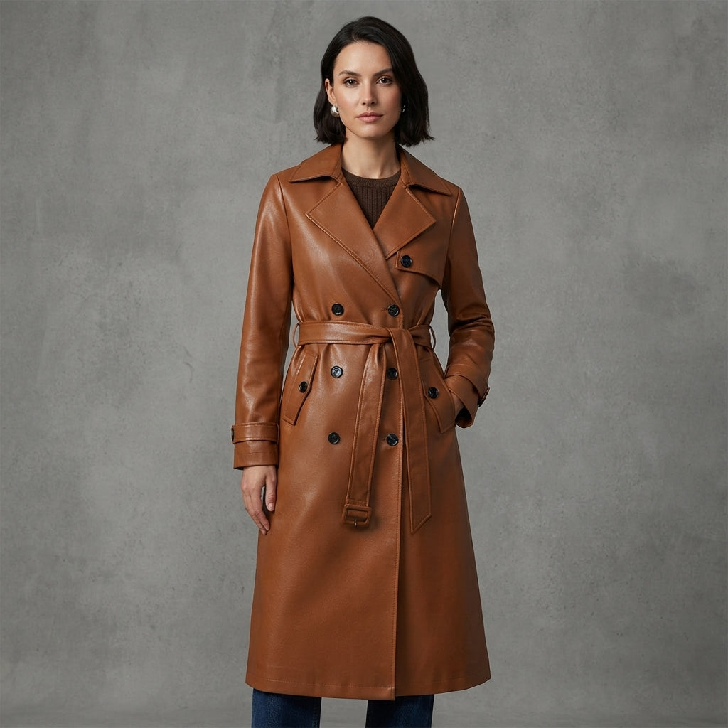 Women's  Faux Brown Leather Trench Coat