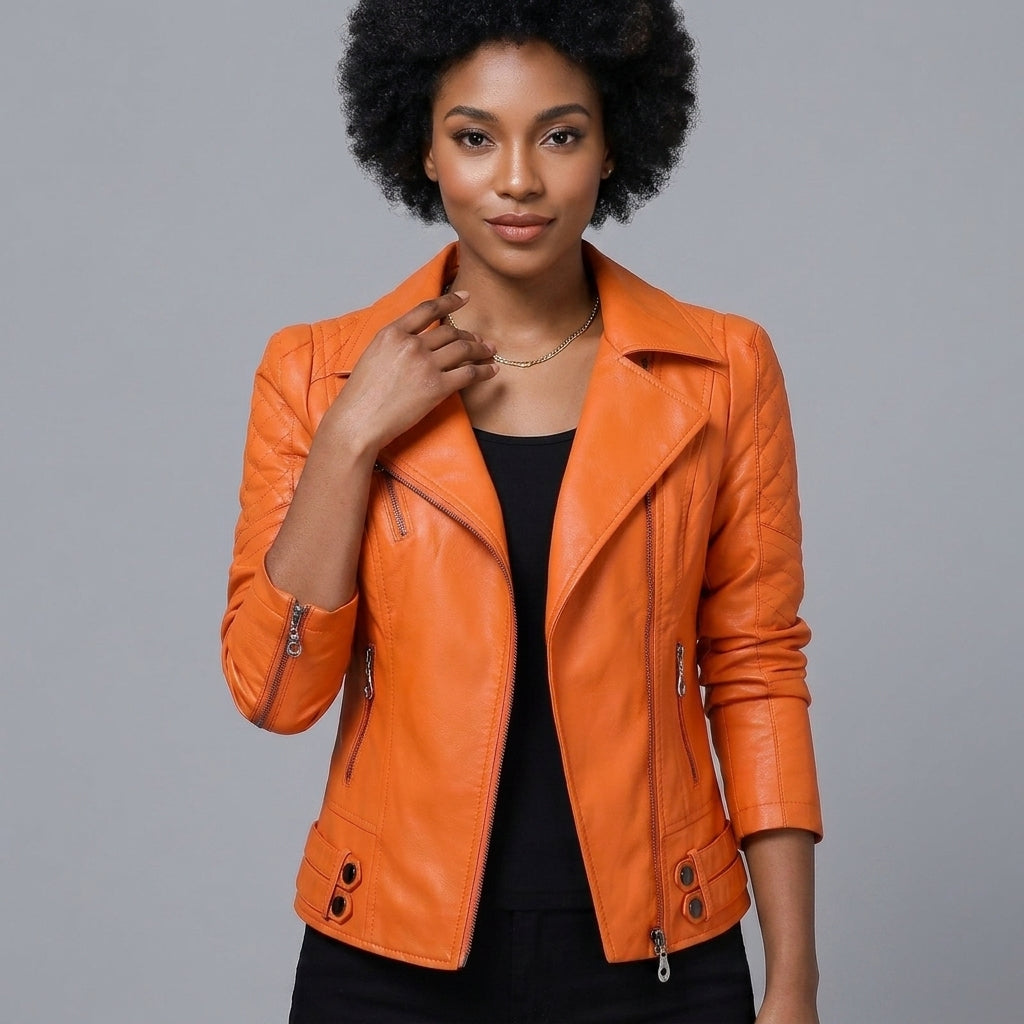 Women's orange leather motorcycle jacket with asymmetric zip and notched lapels